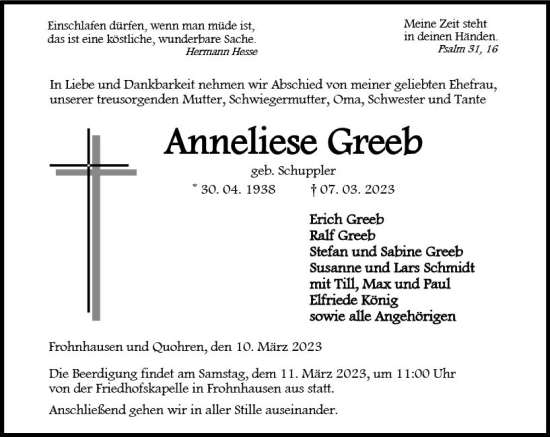Traueranzeige von Anneliese Greeb von Dill Block