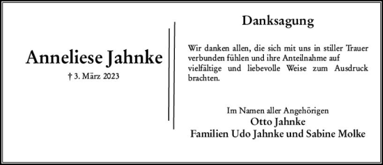Traueranzeige von Anneliese Jahnke von Wiesbadener Kurier
