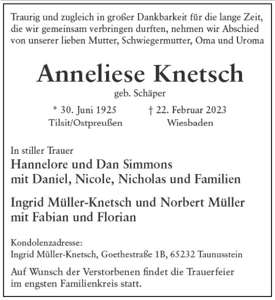 Traueranzeige von Anneliese Knetsch von Wiesbadener Kurier