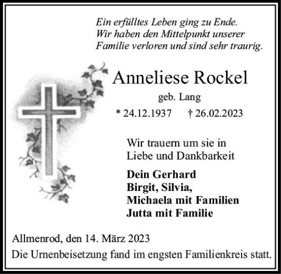 Traueranzeige von Anneliese Rockel von VRM Trauer