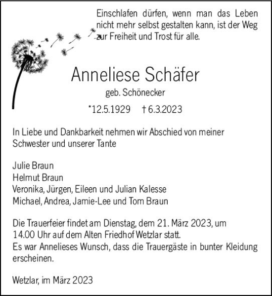 Traueranzeige von Anneliese Schäfer von Wetzlarer Neue Zeitung