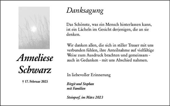 Traueranzeige von Anneliese Schwarz von Hinterländer Anzeiger