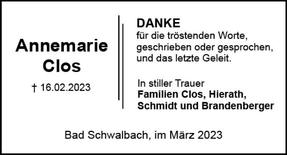  Traueranzeige für Annemarie Clos vom 25.03.2023 aus Wiesbadener Kurier