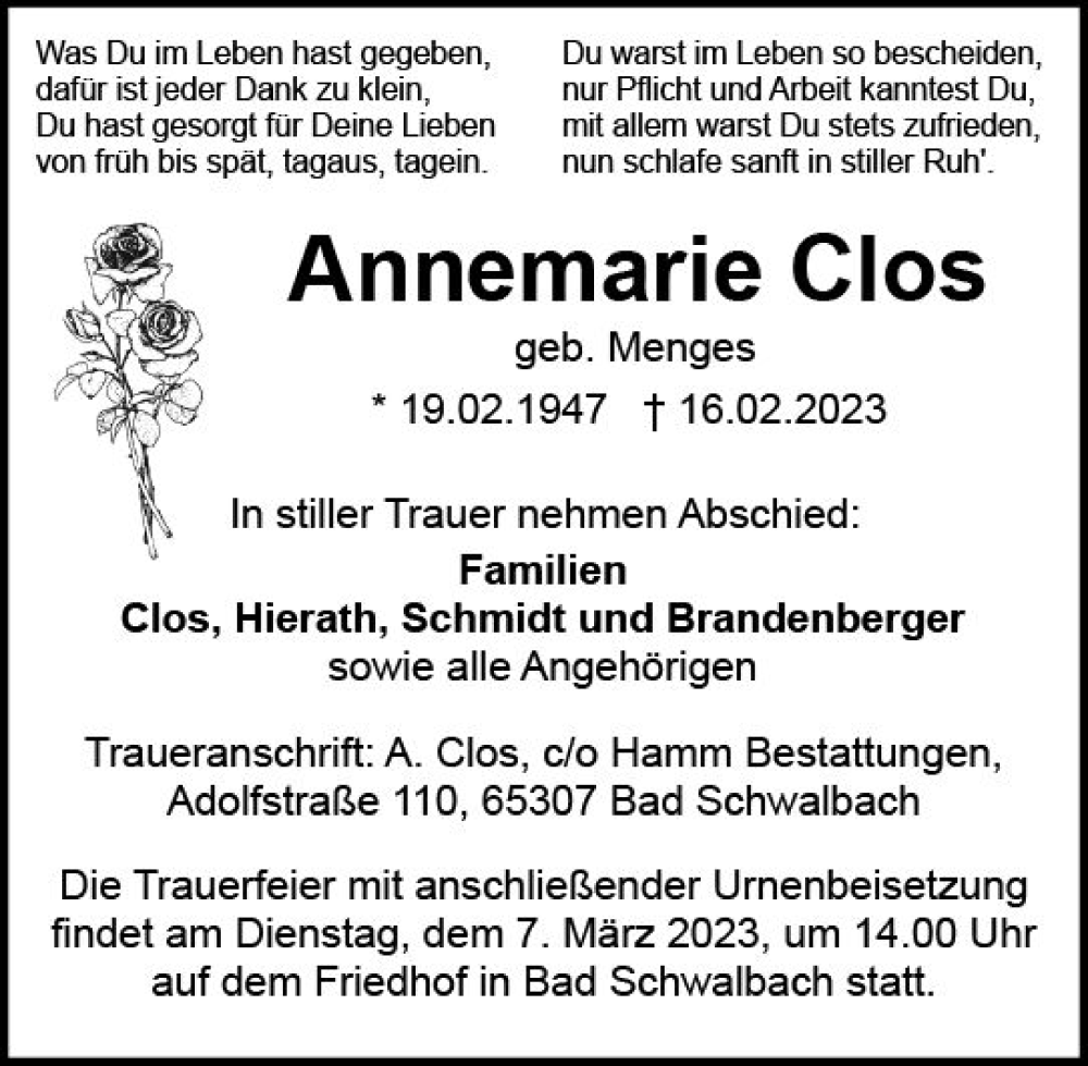  Traueranzeige für Annemarie Clos vom 04.03.2023 aus Wiesbadener Kurier