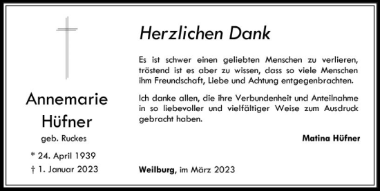 Traueranzeige von Annemarie Hüfner von Weilburger Tageblatt