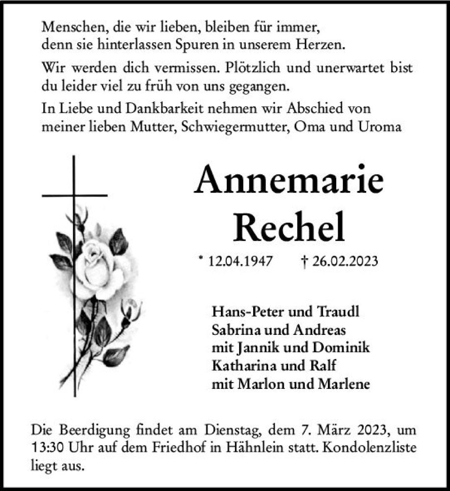  Traueranzeige für Annemarie Rechel vom 04.03.2023 aus Darmstädter Echo