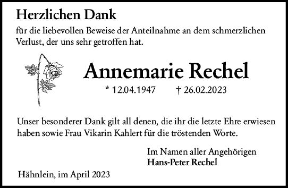  Traueranzeige für Annemarie Rechel vom 01.04.2023 aus Darmstädter Echo