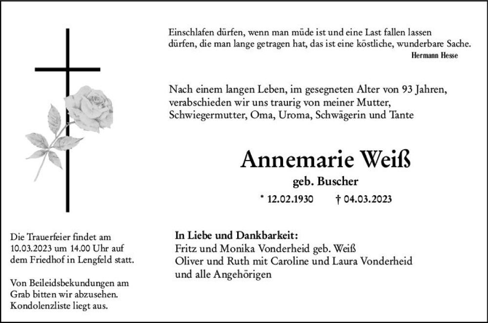  Traueranzeige für Annemarie Weiß vom 08.03.2023 aus Darmstädter Echo
