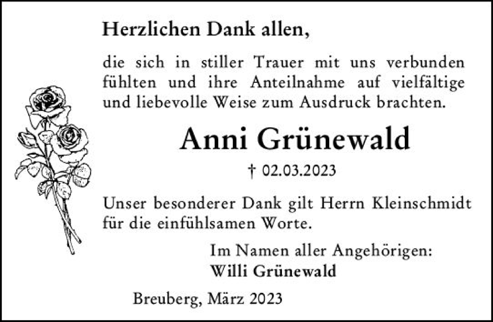  Traueranzeige für Anni Grünewald vom 25.03.2023 aus Odenwälder Echo
