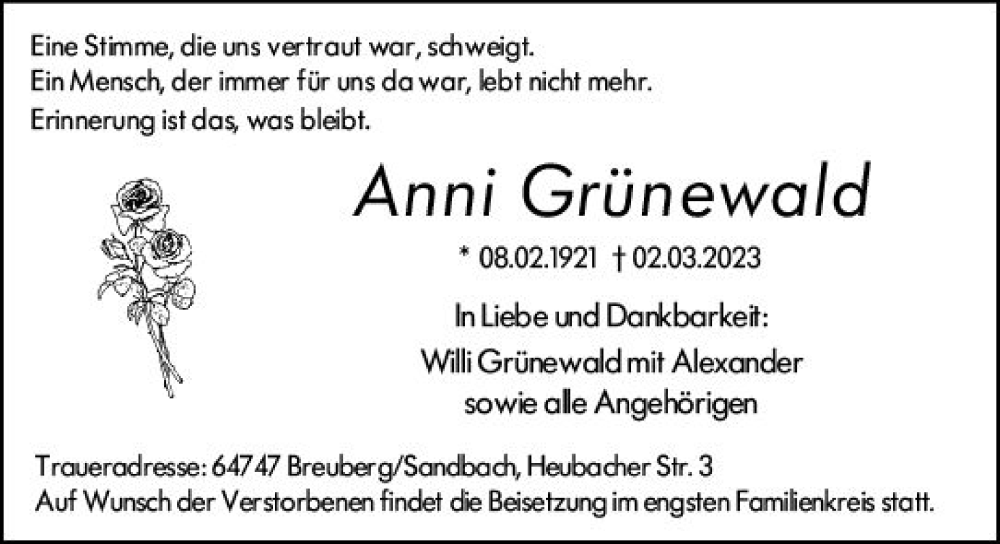  Traueranzeige für Anni Grünewald vom 11.03.2023 aus Odenwälder Echo
