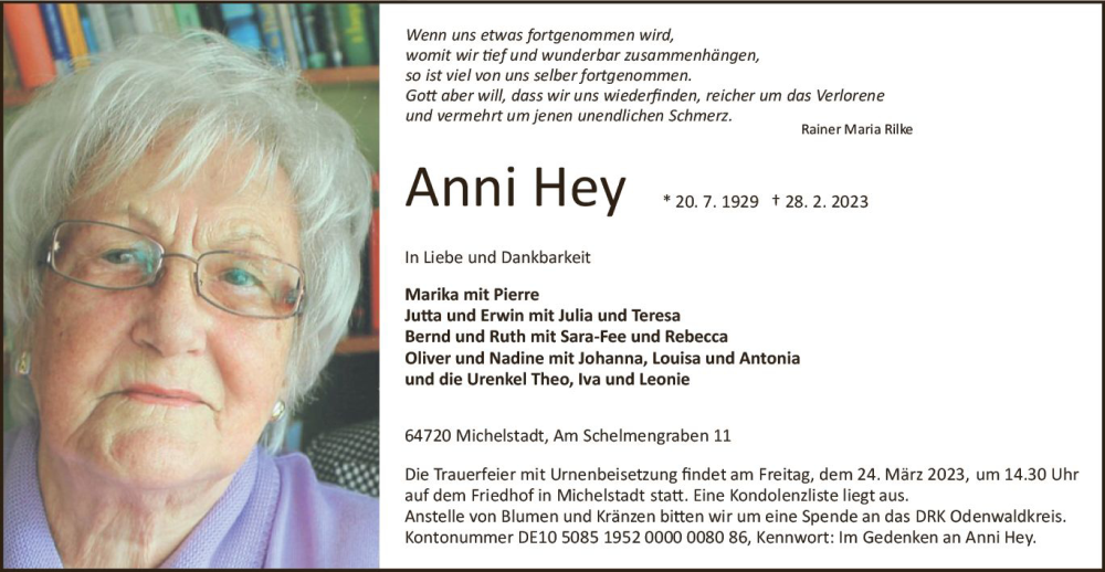  Traueranzeige für Anni Hey vom 11.03.2023 aus Odenwälder Echo