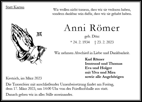 Traueranzeige von Anni Römer von Oberhessen Kurier