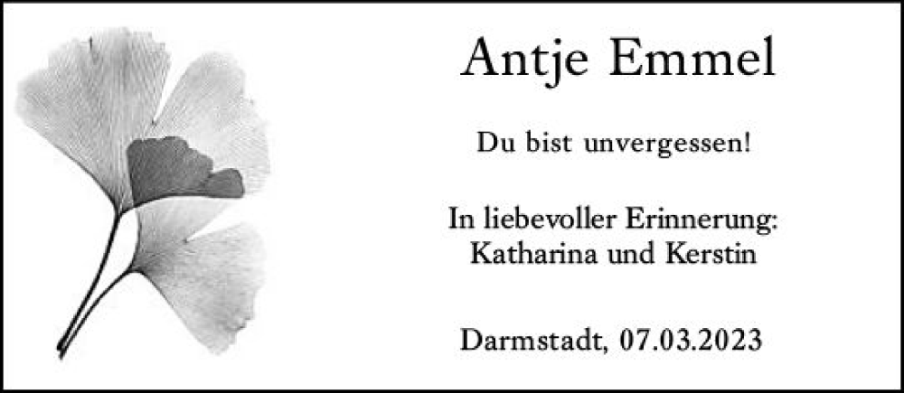  Traueranzeige für Antje Emmel vom 07.03.2023 aus Darmstädter Echo