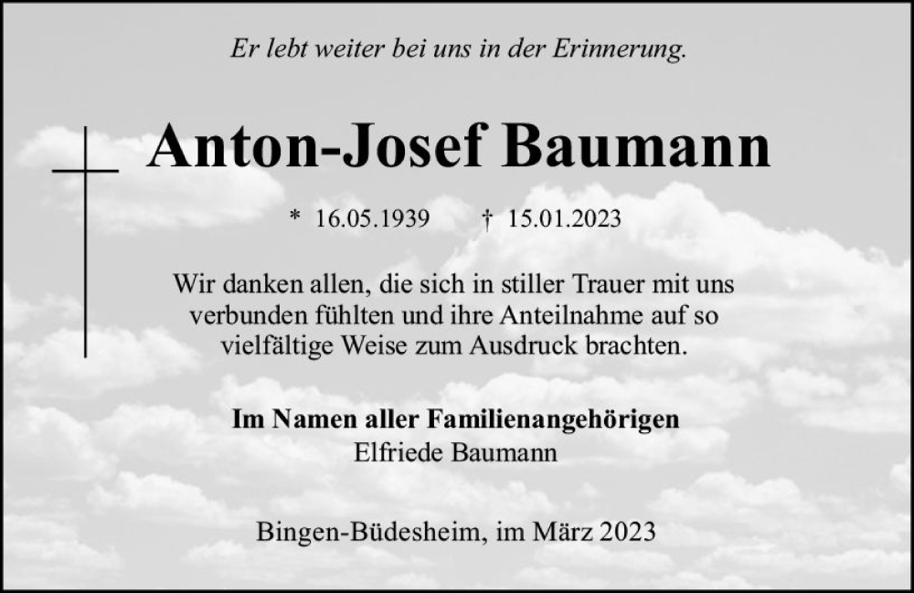  Traueranzeige für Anton-Josef Baumann vom 11.03.2023 aus Allgemeine Zeitung Bingen/Ingelheim