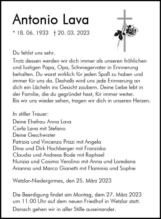 Traueranzeige von Antonio Lava von Wetzlarer Neue Zeitung