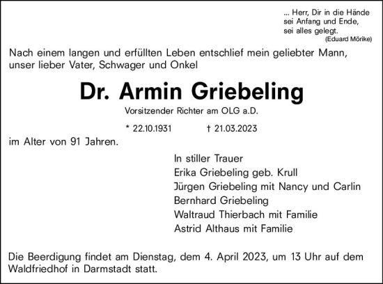 Traueranzeige von Armin Griebeling von Darmstädter Echo