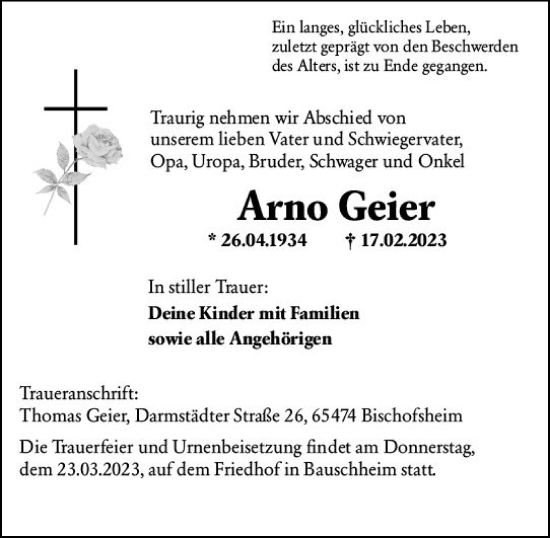 Traueranzeige von Arno Geier von Rüsselsheimer Echo