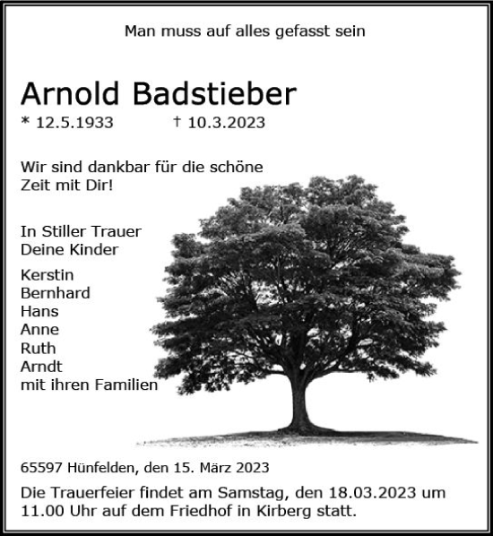 Traueranzeige von Arnold Badstieber von Nassauische Neue Presse