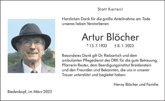 Traueranzeige von Artur Blöcher von Hinterländer Anzeiger