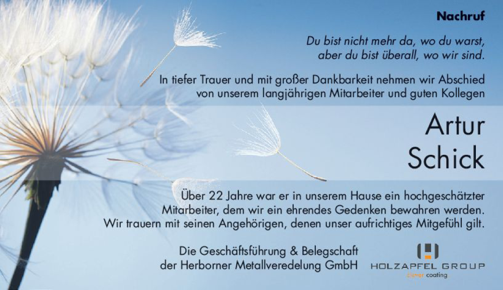  Traueranzeige für Artur Schick vom 02.03.2023 aus Dill Block