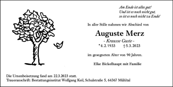 Traueranzeige von Auguste Merz von Darmstädter Echo