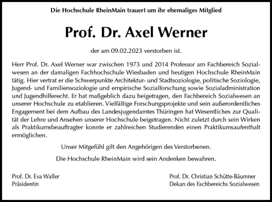 Traueranzeige von Axel Werner von Wiesbadener Kurier