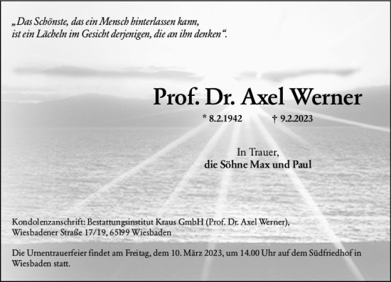 Traueranzeige von Axel Werner von Wiesbadener Kurier