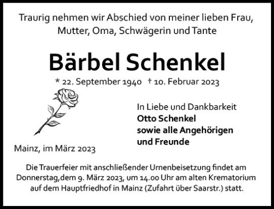 Traueranzeige von Bärbel Schenkel von Allgemeine Zeitung Mainz