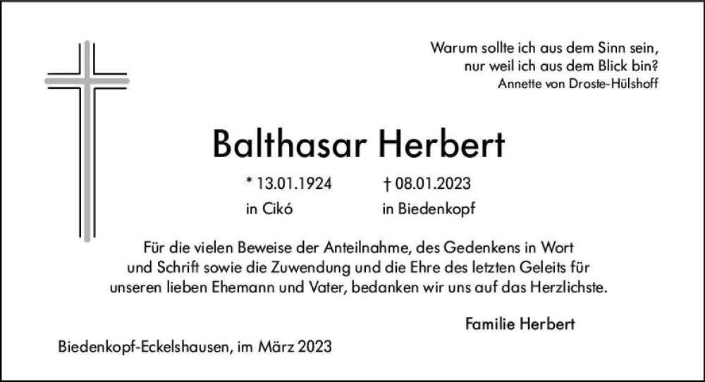  Traueranzeige für Balthasar Herbert vom 03.03.2023 aus Hinterländer Anzeiger