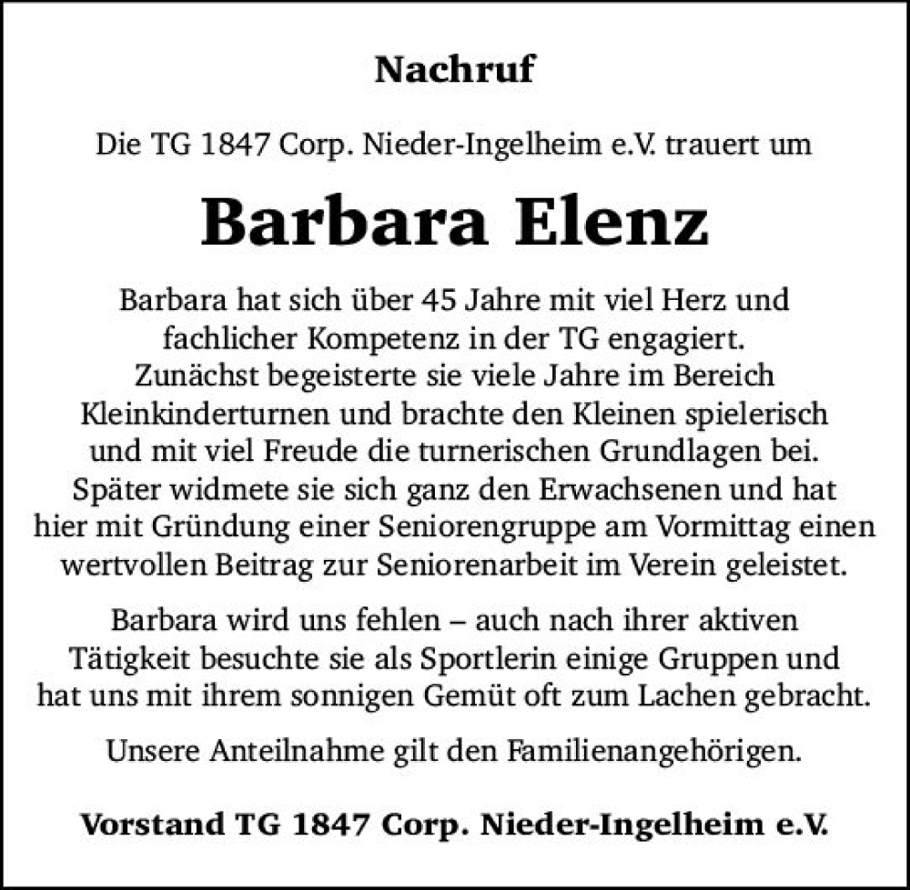  Traueranzeige für Barbara Elenz vom 25.03.2023 aus Allgemeine Zeitung Bingen/Ingelheim