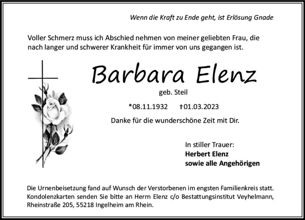  Traueranzeige für Barbara Elenz vom 25.03.2023 aus Allgemeine Zeitung Bingen/Ingelheim