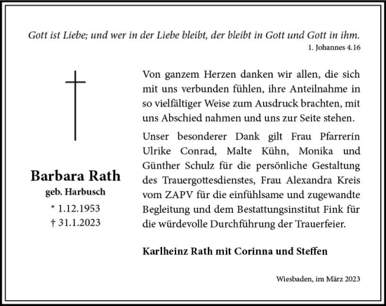 Traueranzeige von Barbara Rath von Wiesbadener Kurier