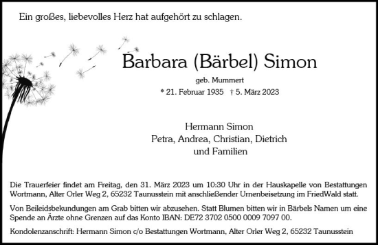 Traueranzeige von Barbara Simon von Idsteiner Land/Untertaunus