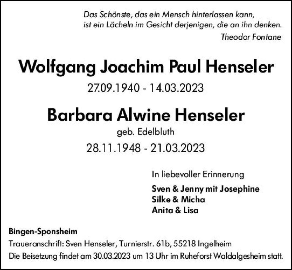  Traueranzeige für Barbara Alwine Henseler vom 25.03.2023 aus Bingen/Ingelheim WOBL inkl. Neue Binger Ztg.