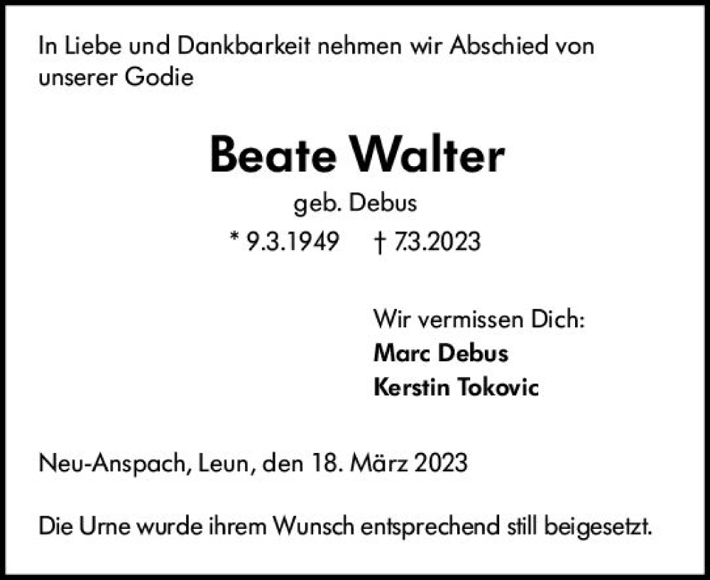 Traueranzeige für Beate Walter vom 18.03.2023 aus Wetzlarer Neue Zeitung