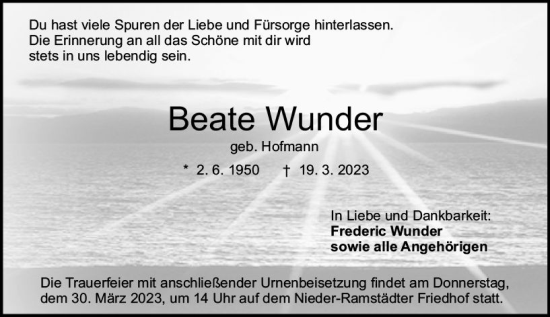 Traueranzeige von Beate Wunder von Darmstädter Echo