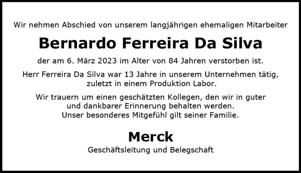  Traueranzeige für Bernardo Ferreira Da Silva vom 22.03.2023 aus Darmstädter Echo