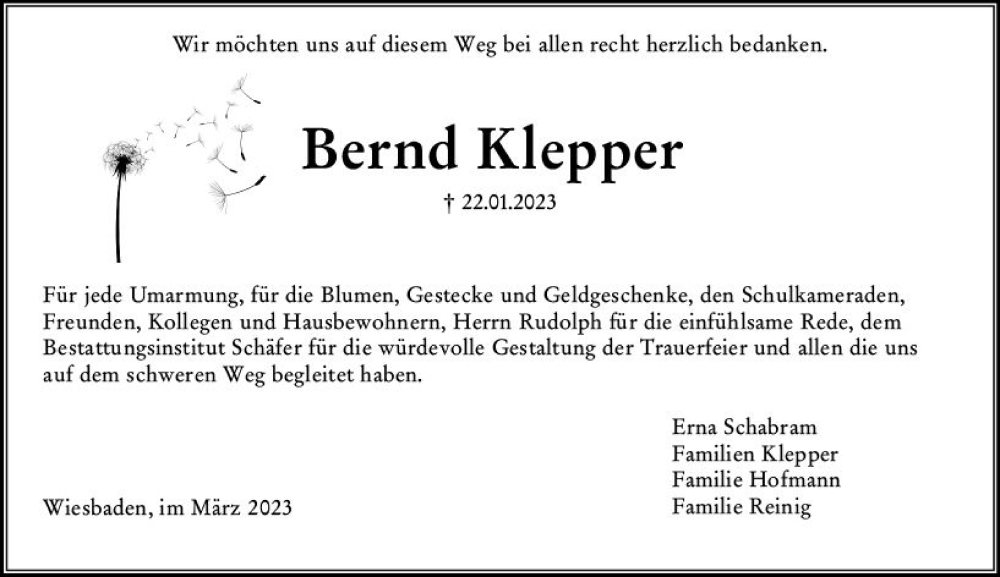  Traueranzeige für Bernd Klepper vom 11.03.2023 aus Wiesbadener Kurier