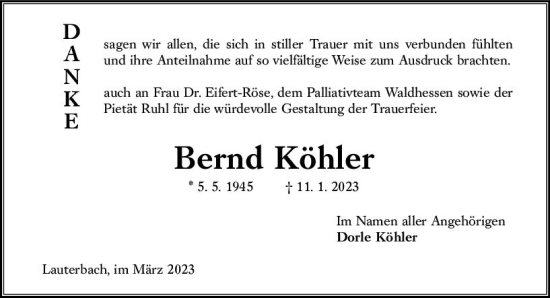 Traueranzeige von Bernd Köhler von Oberhessen Kurier