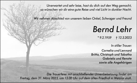 Traueranzeige von Bernd Lehr von Nassauische Neue Presse