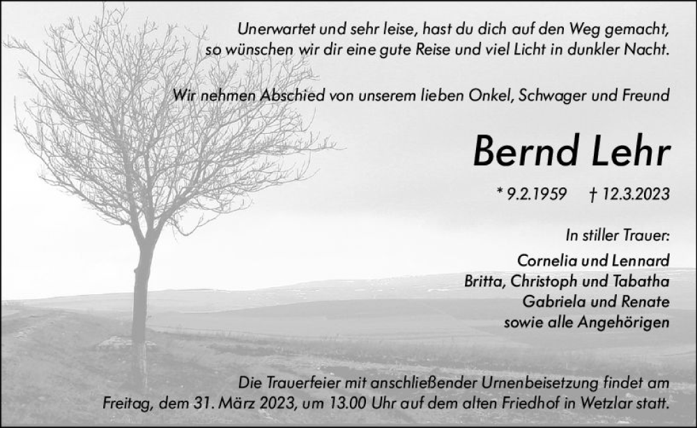  Traueranzeige für Bernd Lehr vom 28.03.2023 aus Nassauische Neue Presse