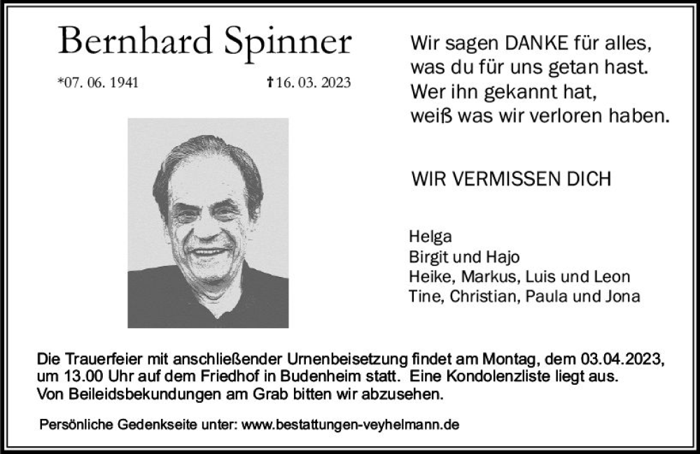  Traueranzeige für Bernhard Spinner vom 25.03.2023 aus Allgemeine Zeitung Mainz