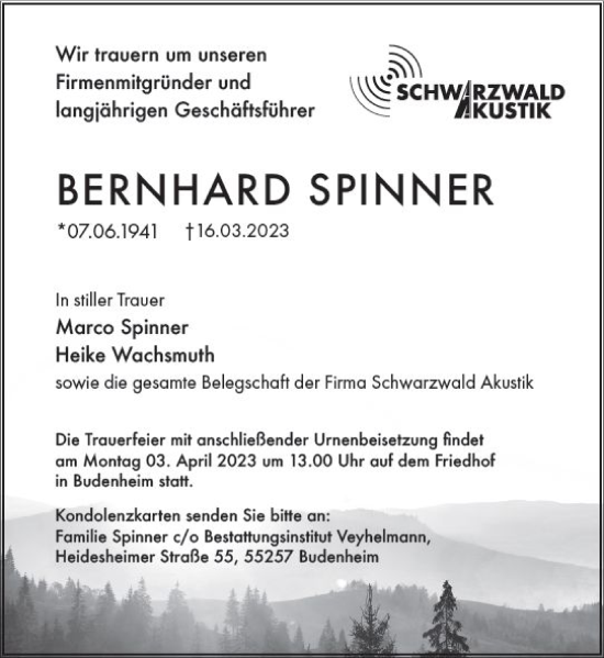 Traueranzeige von Bernhard Spinner von Allgemeine Zeitung Mainz