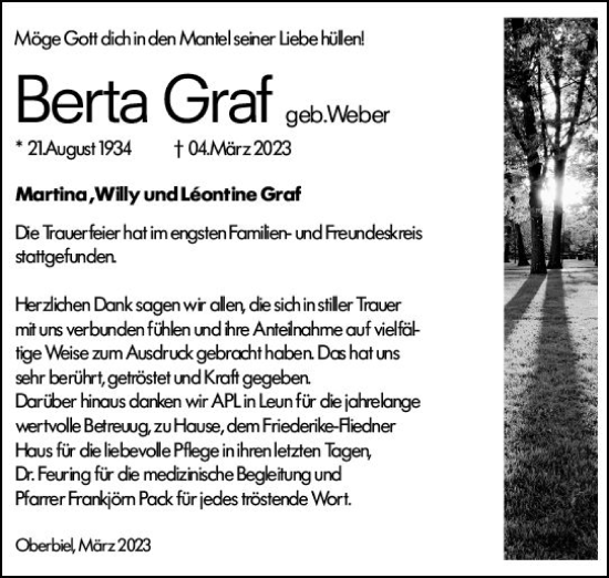 Traueranzeige von Berta Graf von Wetzlarer Neue Zeitung