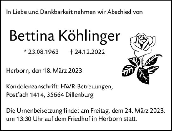 Traueranzeige von Bettina Köhlinger von Dill Block