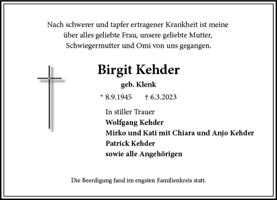 Traueranzeige von Birgit Kehder von Wiesbadener Kurier