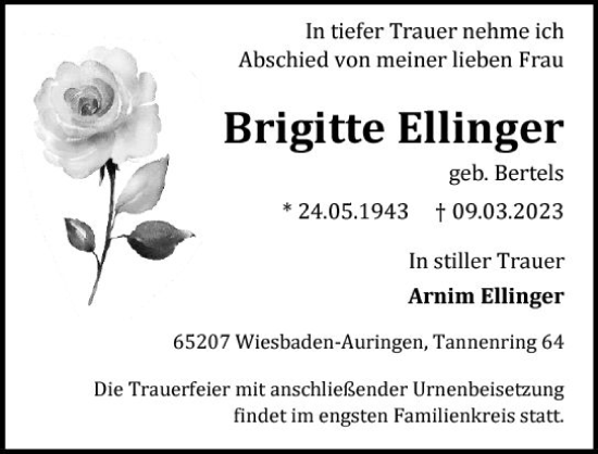 Traueranzeige von Brigitte Ellinger von Wiesbadener Kurier