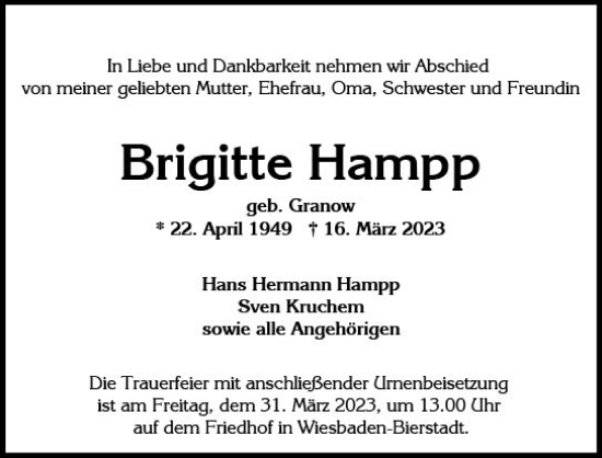 Traueranzeige von Brigitte Hampp von Wiesbadener Kurier