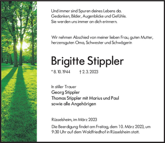 Traueranzeige von Brigitte Stippler von Rüsselsheimer Echo