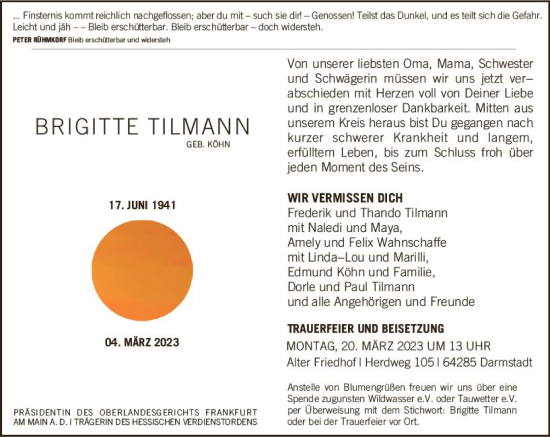 Traueranzeige von Brigitte Tilmann von Darmstädter Echo